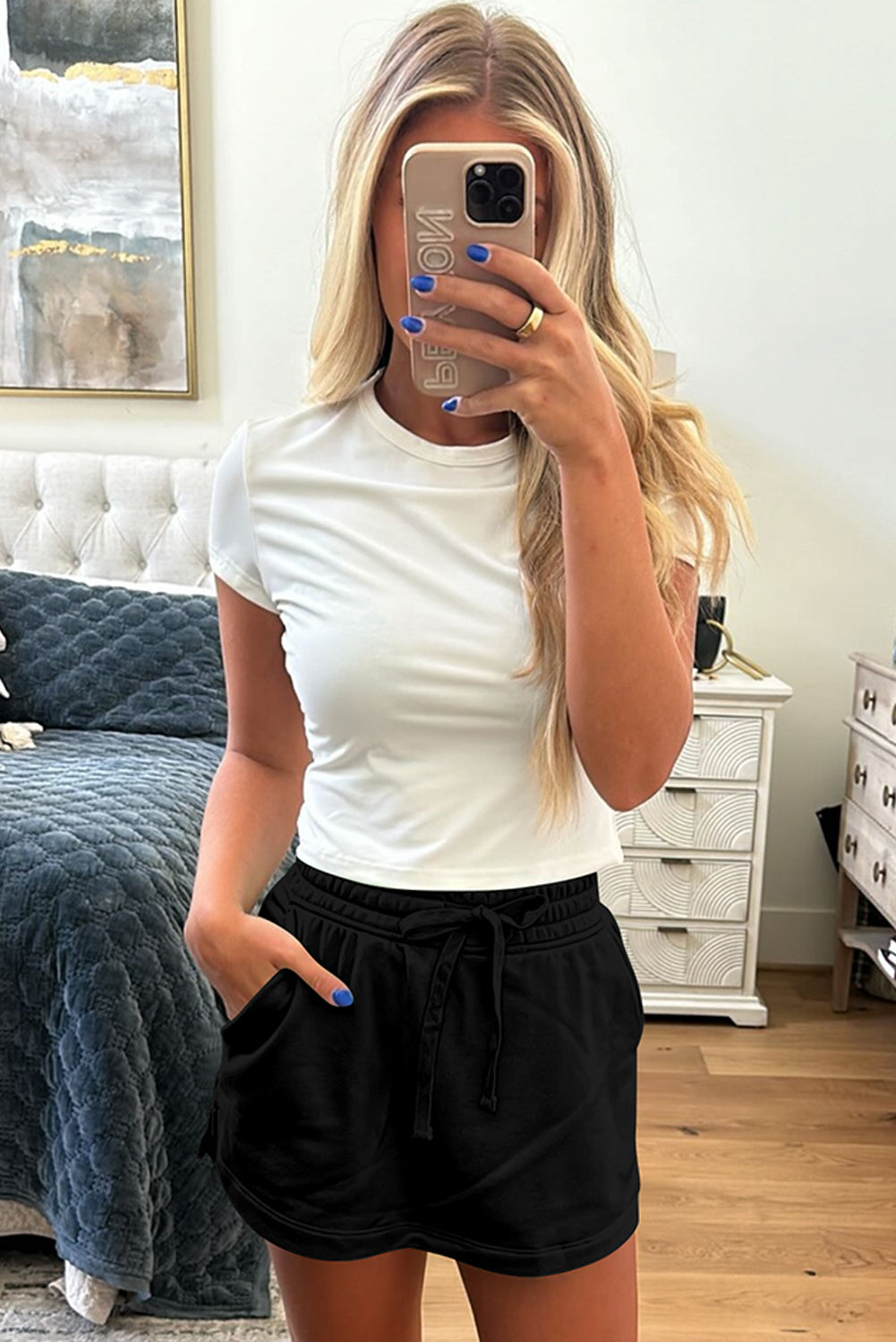 Light Green French Terry Drawstring Mini Skort with Pockets