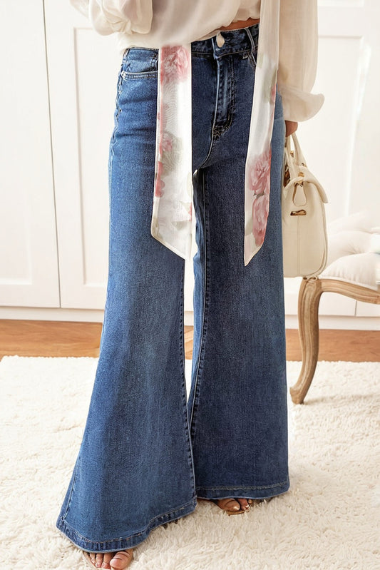Dirty blue High Waist Button Zip Fly Bell Bottom Jeans