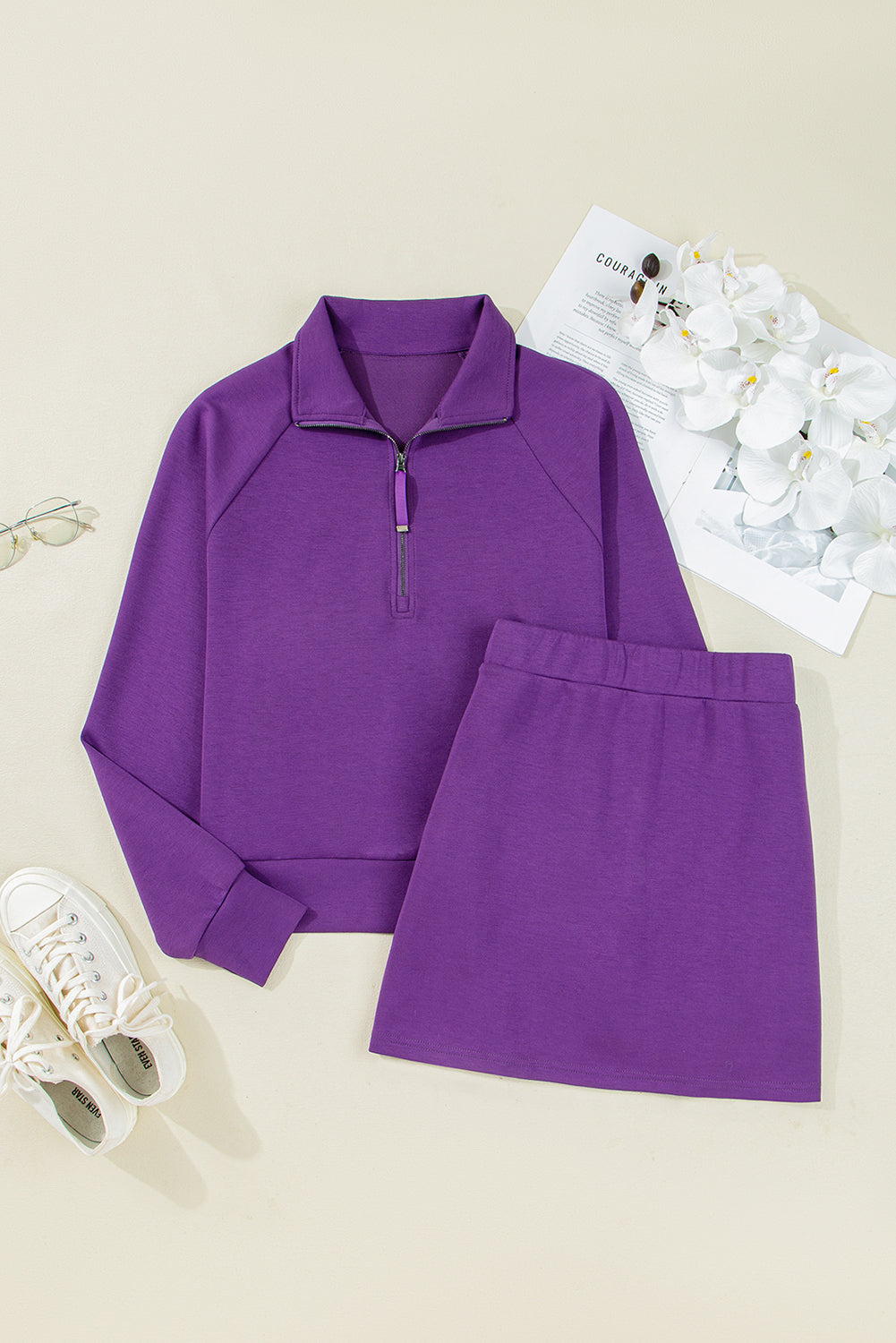 Pink Half Zip Sporty Pullover Mini Skort 2pcs Outfit