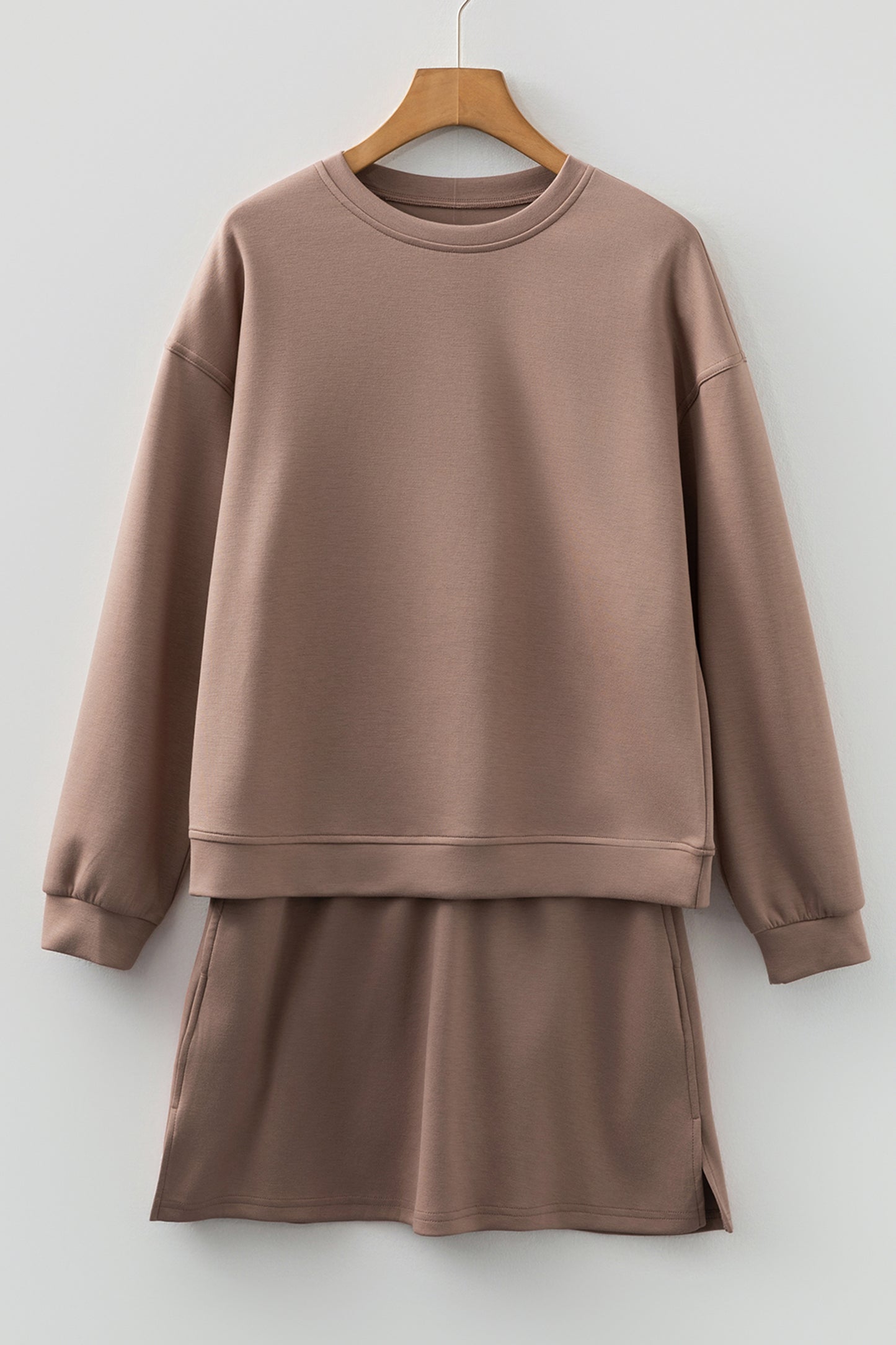 Jet Stream Solid Color Drop Shoulder Pullover Drawstring Mini Skirt Set