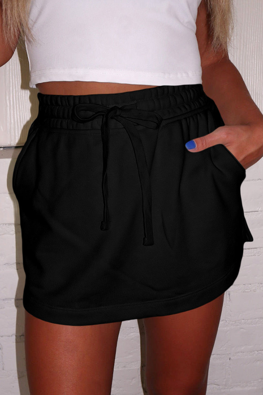 Light Green French Terry Drawstring Mini Skort with Pockets