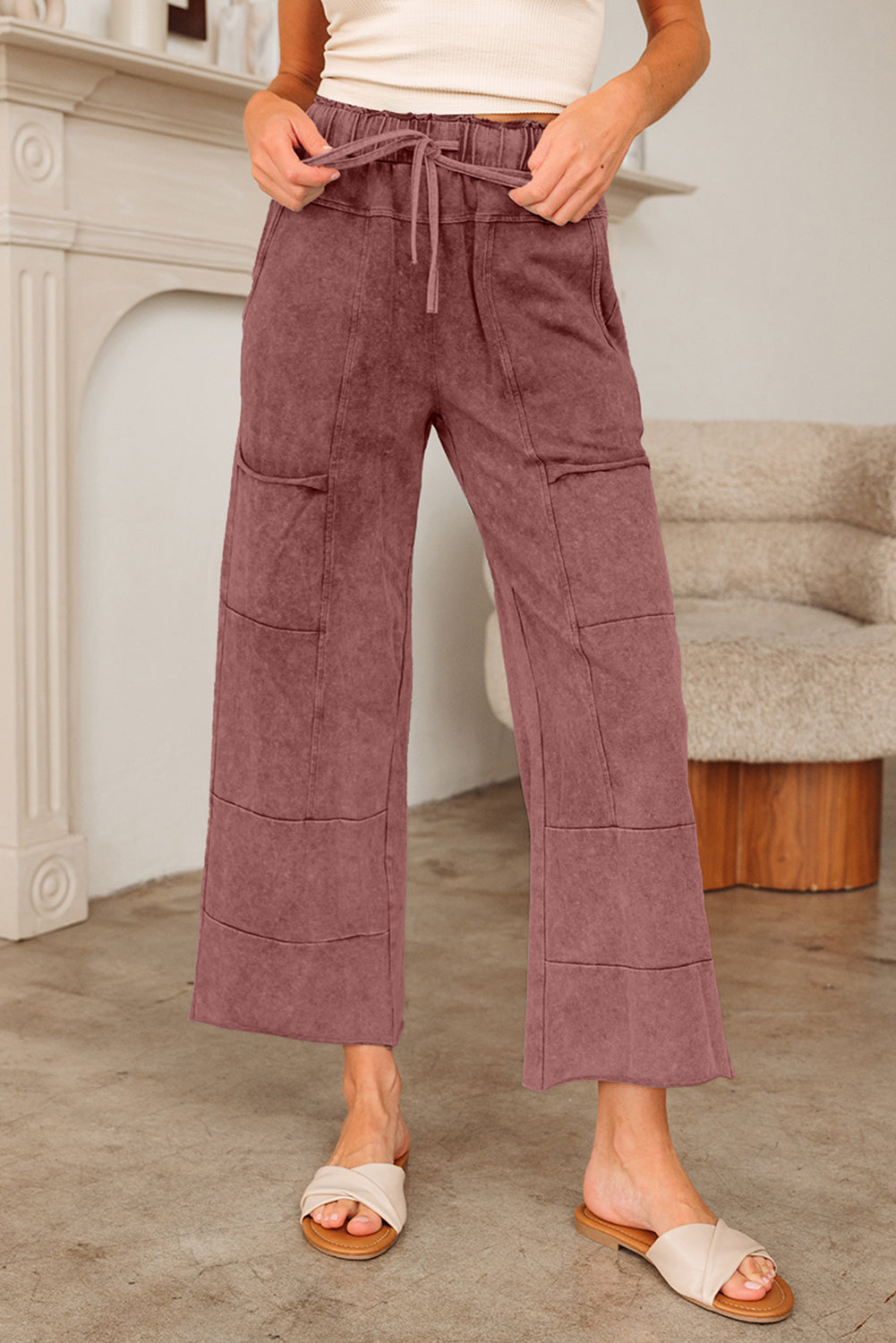 Wild Ginger Mineral Wash Lace-up High Waist Raw Hem Patched Pocket Pants