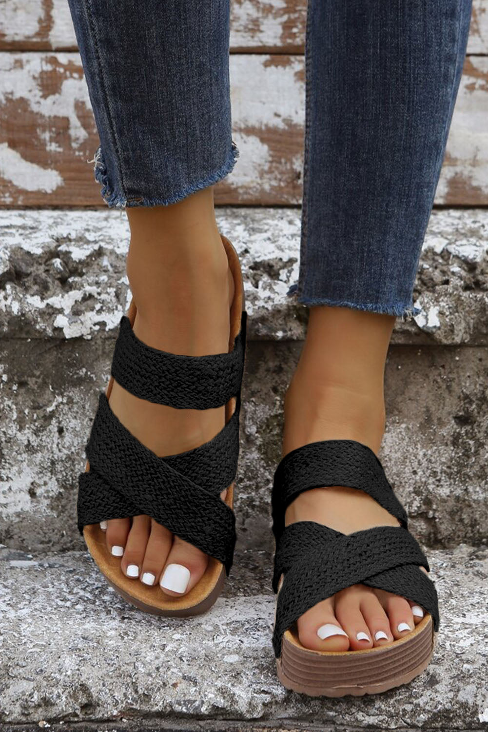 Beige Woven Cross Criss Hollowed Slip-On Slippers