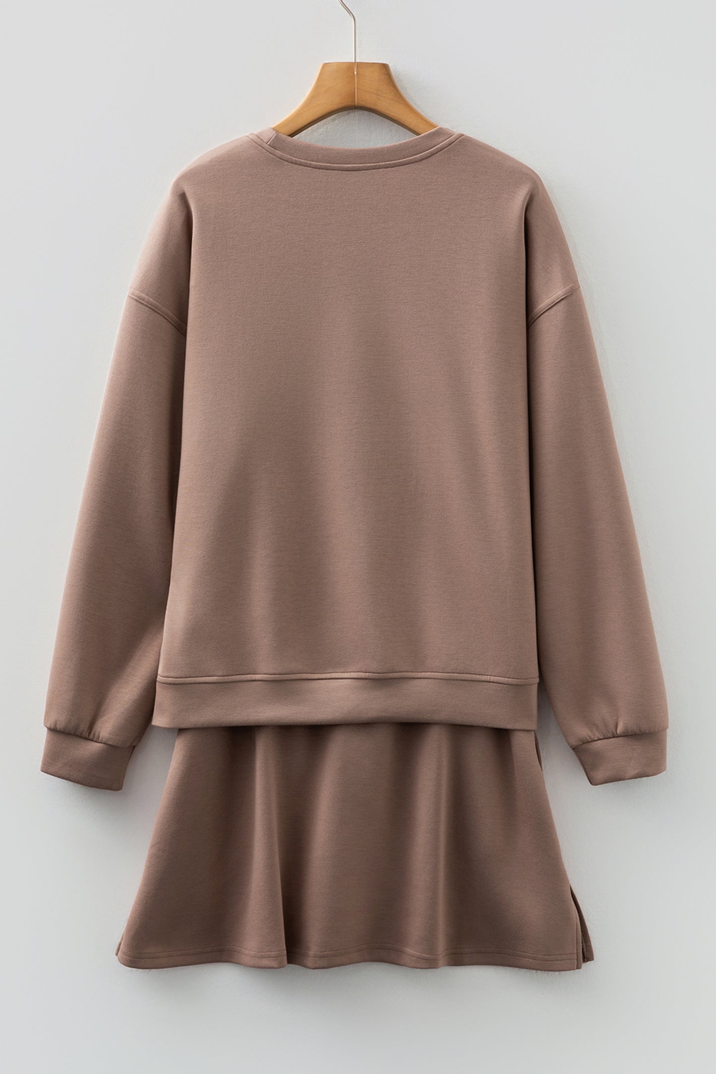 Jet Stream Solid Color Drop Shoulder Pullover Drawstring Mini Skirt Set
