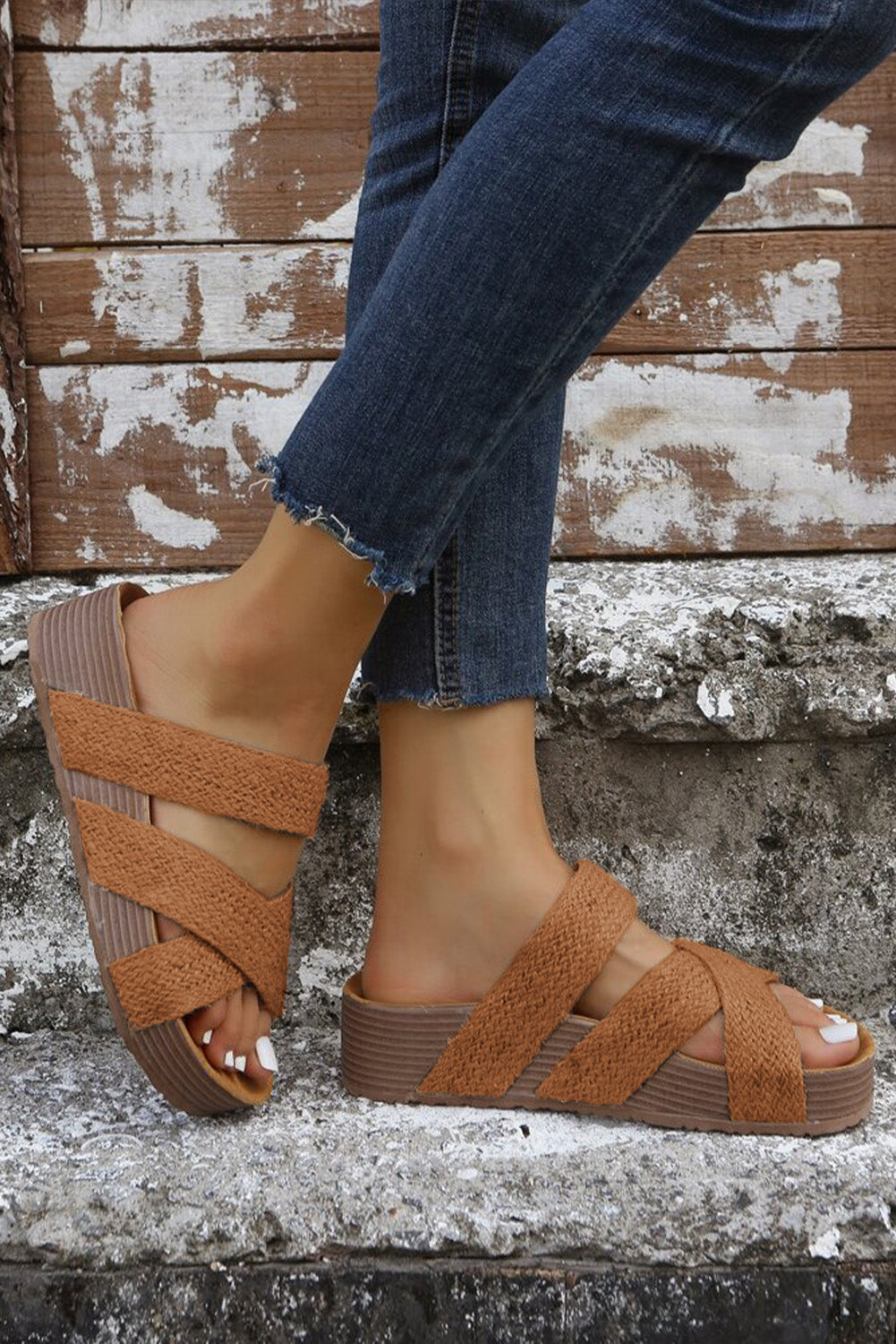 Beige Woven Cross Criss Hollowed Slip-On Slippers